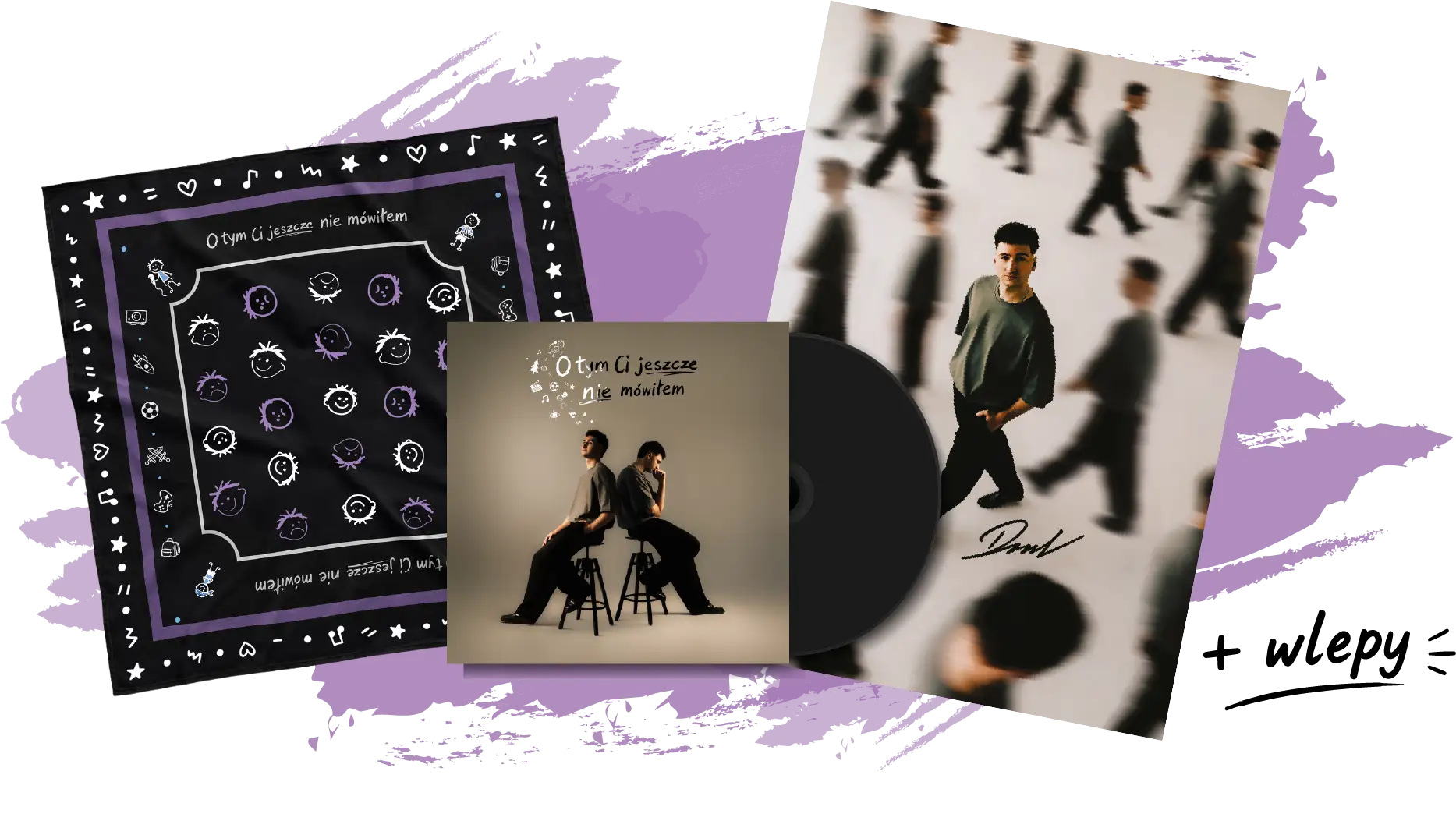 Merch: bandana, płyta CD, plakat i wlepy